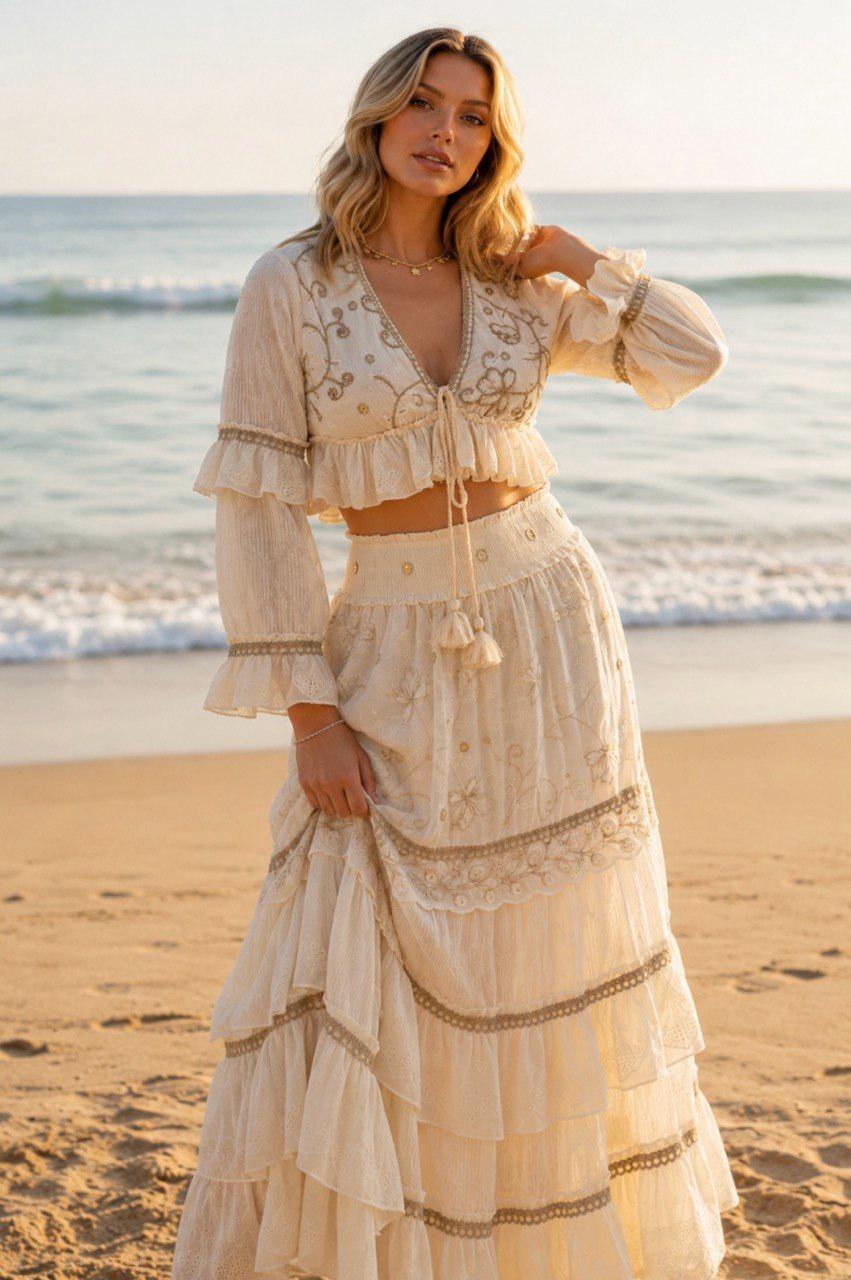 Boho Two Piece Set, Bohemian Crop Top and Maxi Skirt Set, Embroidered Summer Co-ord Set, Beach Vacation Outfit, Festival Matching Set
