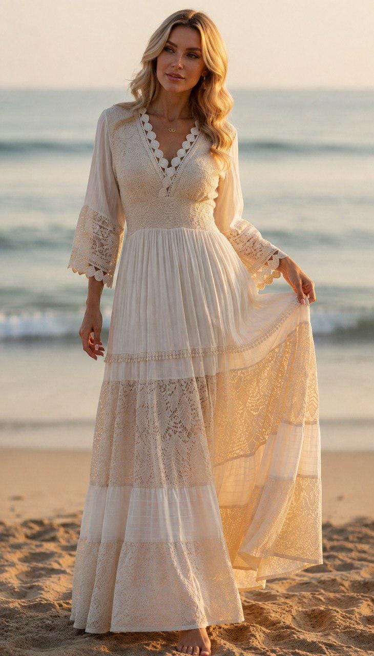 White Boho Maxi Dress, Lace Cottagecore Dress, Romantic Long Sleeve Maxi Dress, Beach Wedding Dress, Flowy Bohemian Summer Dress.