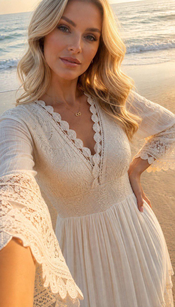 White Boho Maxi Dress, Lace Cottagecore Dress, Romantic Long Sleeve Maxi Dress, Beach Wedding Dress, Flowy Bohemian Summer Dress.