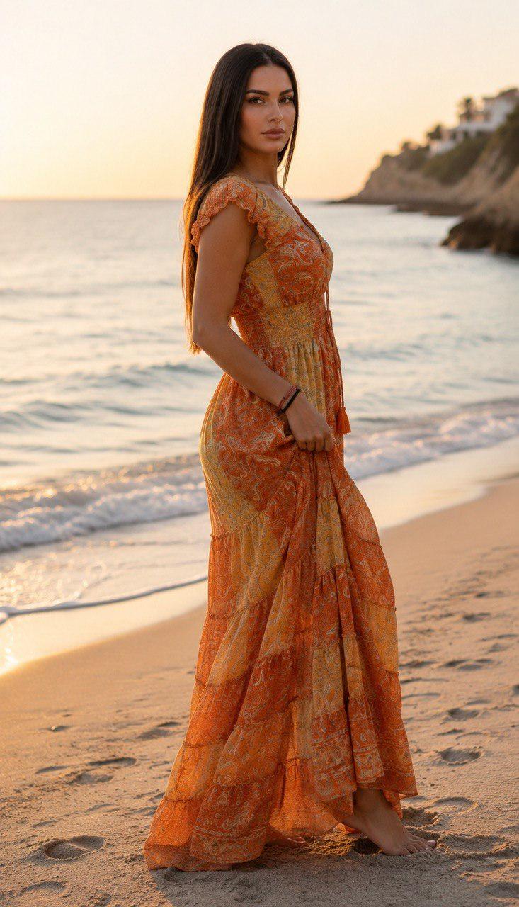Orange Silk Maxi Dress, Boho Paisley Dress, Long Summer Dress, Beach Vacation Dress, Bohemian Wedding Guest Dress, Resort Dress, Boho Chic.