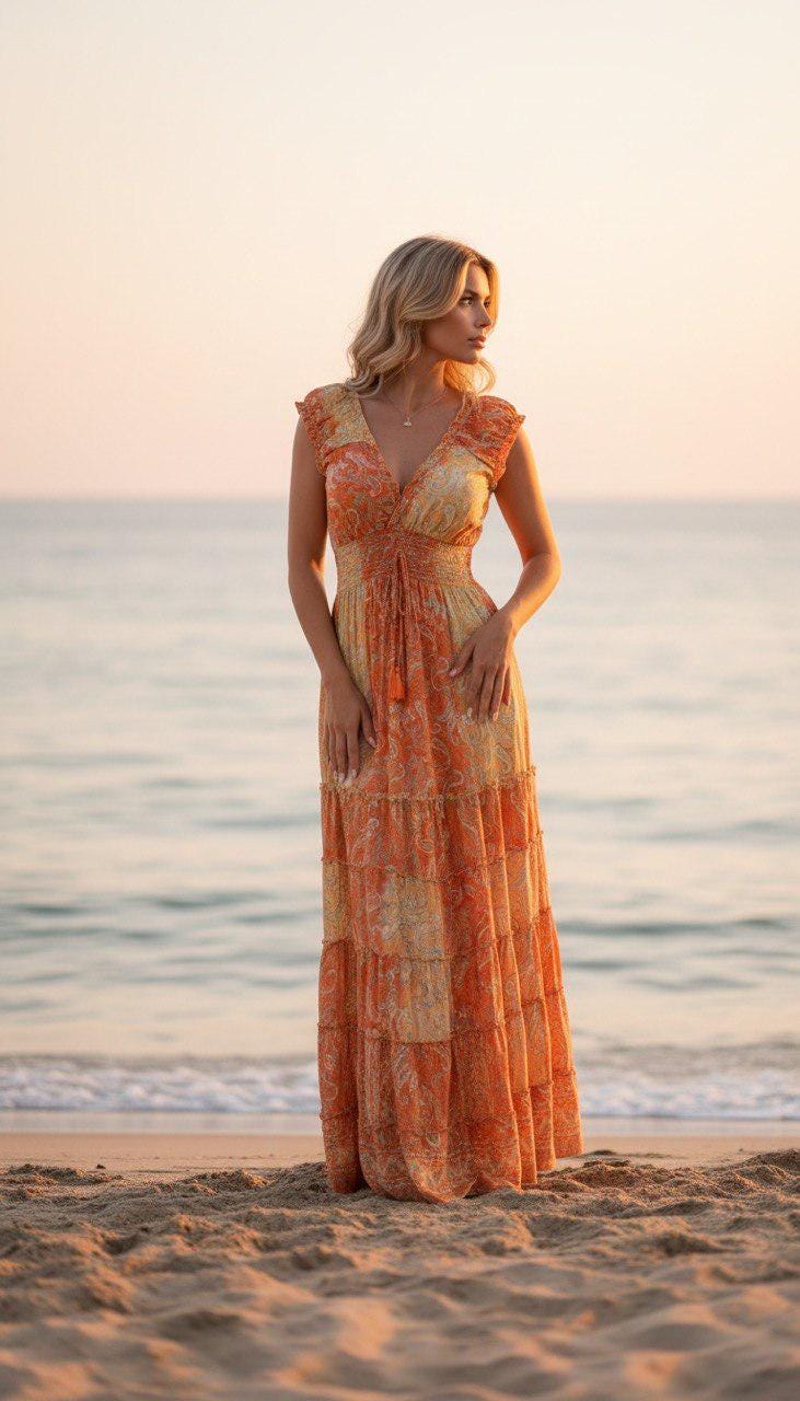 Orange Silk Maxi Dress, Boho Paisley Dress, Long Summer Dress, Beach Vacation Dress, Bohemian Wedding Guest Dress, Resort Dress, Boho Chic.