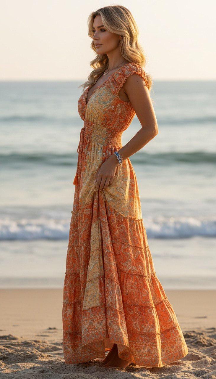 Orange Silk Maxi Dress, Boho Paisley Dress, Long Summer Dress, Beach Vacation Dress, Bohemian Wedding Guest Dress, Resort Dress, Boho Chic.