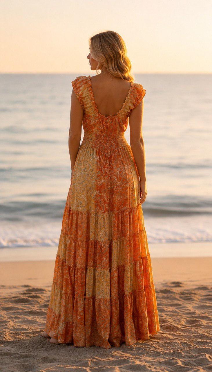 Orange Silk Maxi Dress, Boho Paisley Dress, Long Summer Dress, Beach Vacation Dress, Bohemian Wedding Guest Dress, Resort Dress, Boho Chic.