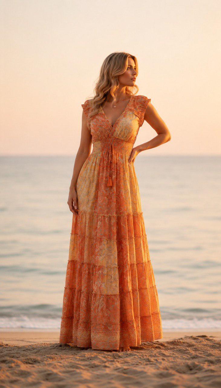Orange Silk Maxi Dress, Boho Paisley Dress, Long Summer Dress, Beach Vacation Dress, Bohemian Wedding Guest Dress, Resort Dress, Boho Chic.