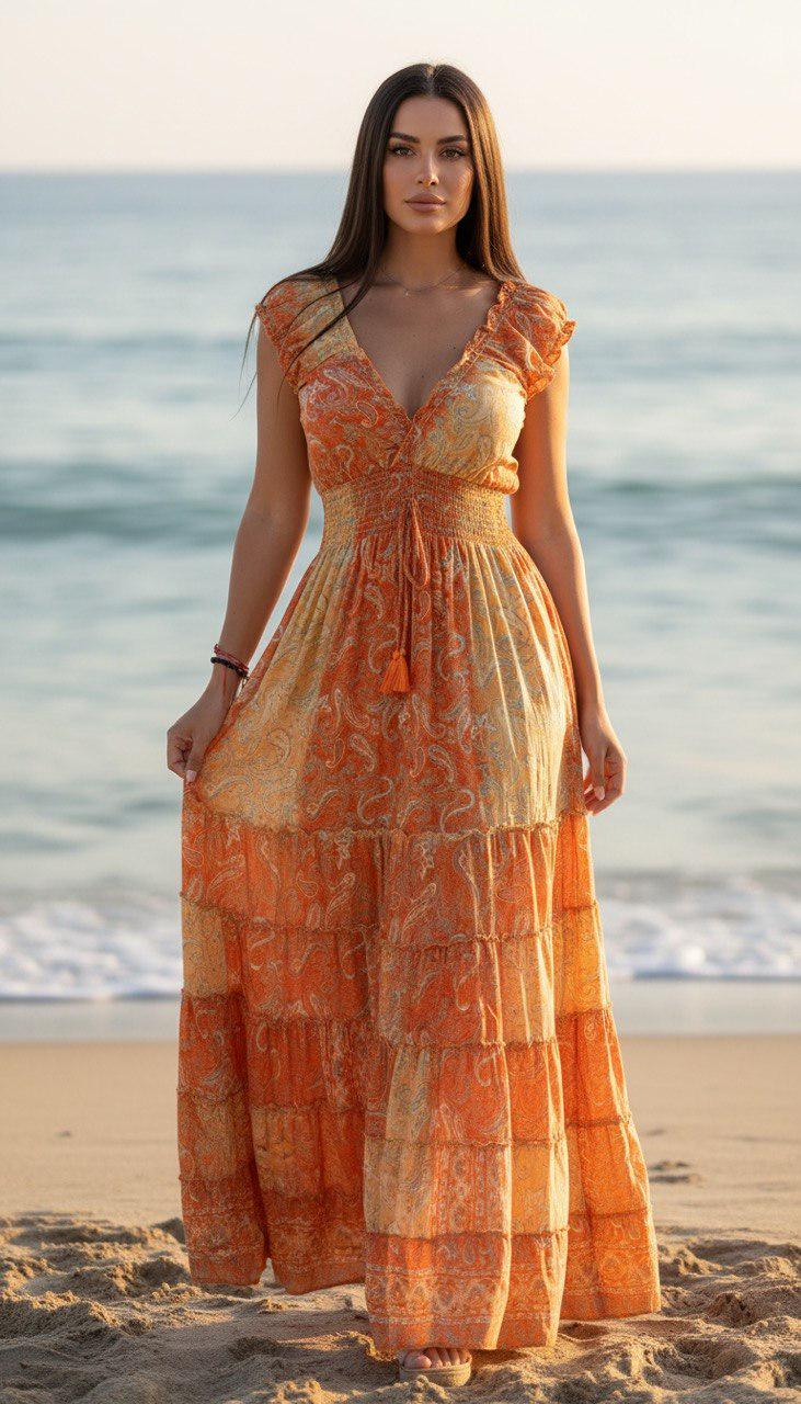 Orange Silk Maxi Dress, Boho Paisley Dress, Long Summer Dress, Beach Vacation Dress, Bohemian Wedding Guest Dress, Resort Dress, Boho Chic.