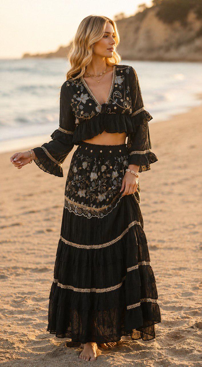 Two Piece Boho Set, Jupe Boho, Maxi Skirt and Crop Top, Bohemian Summer Outfit, Boho Chic Two Piece Set, Hippie Summer Outfit.