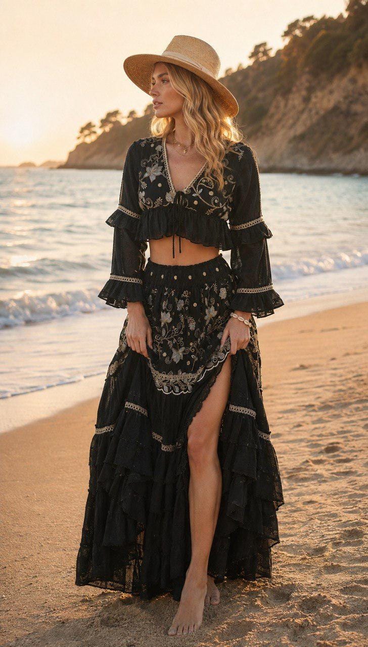 Two Piece Boho Set, Jupe Boho, Maxi Skirt and Crop Top, Bohemian Summer Outfit, Boho Chic Two Piece Set, Hippie Summer Outfit.