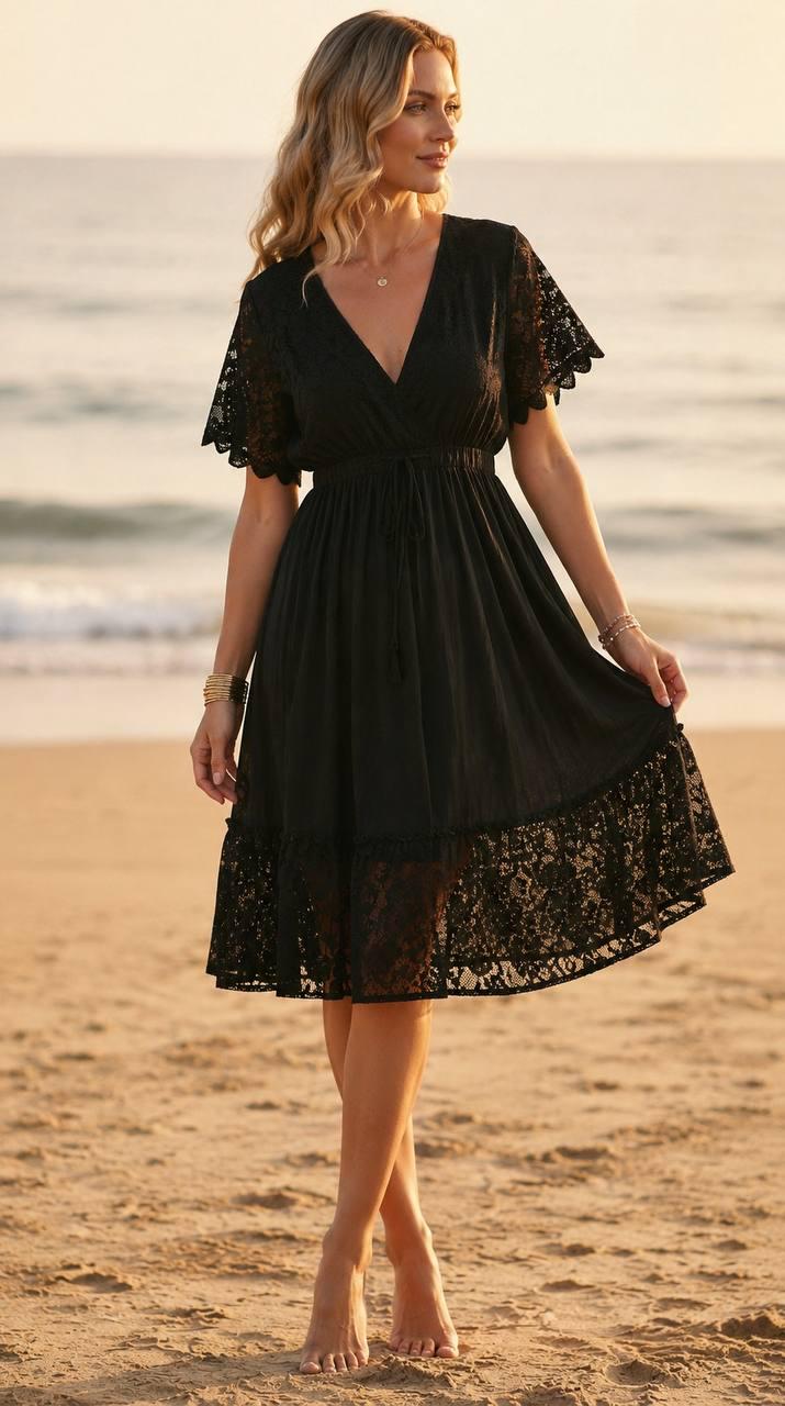 Black Boho Mini Dress, Lace V Neck Summer Dress, Romantic Bohemian Party Dress, Flowy Vacation Dress, Wedding Guest Outfit.