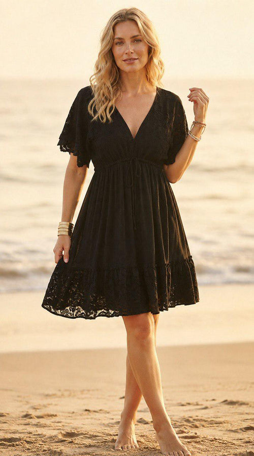 Black Boho Mini Dress, Lace V Neck Summer Dress, Romantic Bohemian Party Dress, Flowy Vacation Dress, Wedding Guest Outfit.