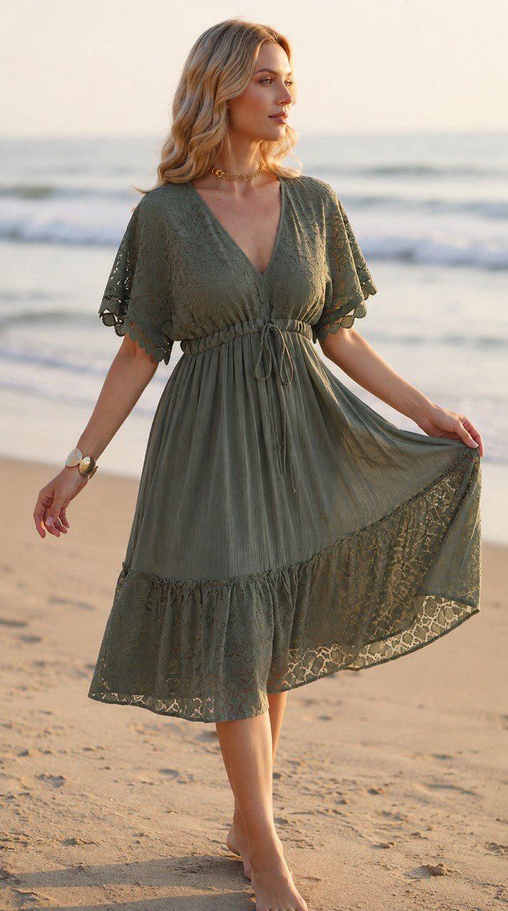 Boho Lace Midi Dress, Beige Summer Dress, Romantic V Neck Dress, Beach Vacation Dress, Bohemian Maxi Dress, Wedding Guest Dress, Boho Dress.