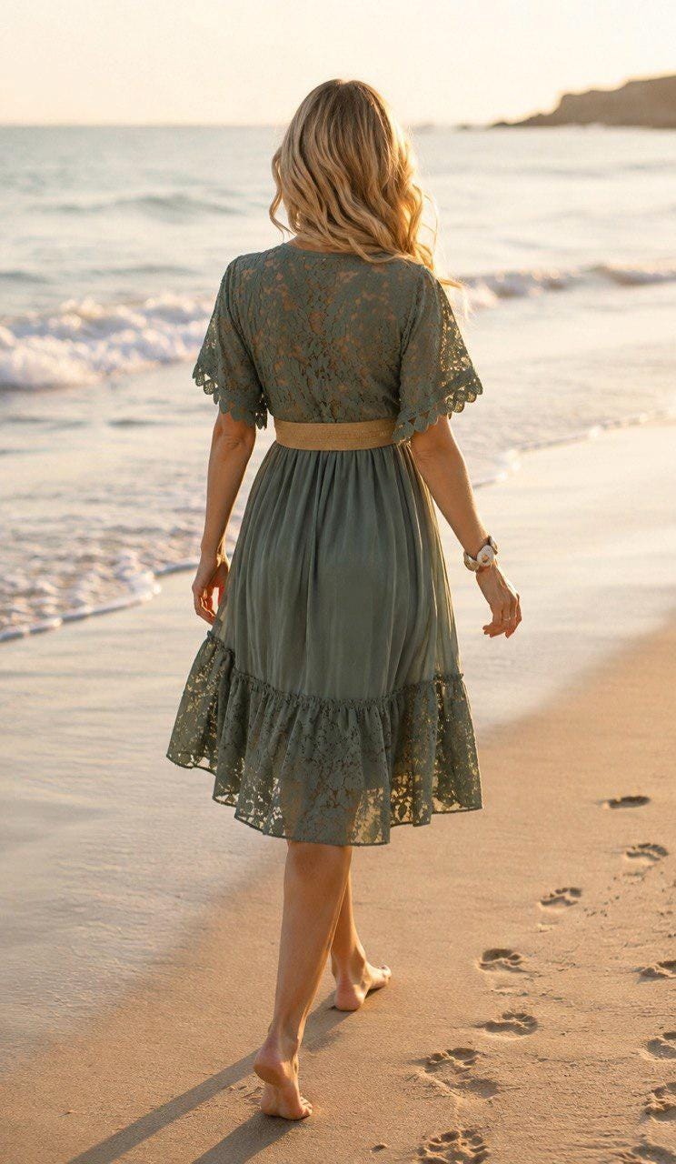 Boho Lace Midi Dress, Beige Summer Dress, Romantic V Neck Dress, Beach Vacation Dress, Bohemian Maxi Dress, Wedding Guest Dress, Boho Dress.