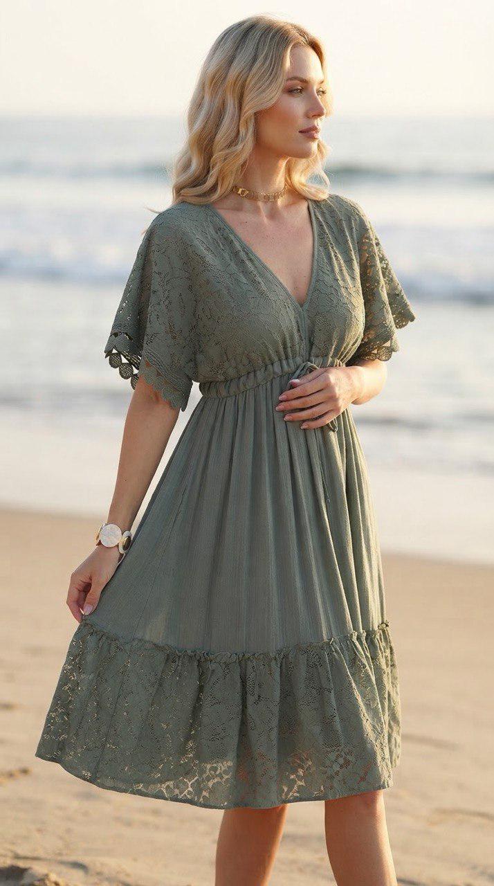 Sage Green Boho Midi Dress, Cottagecore Lace Dress, Prairie Style Dress, Flutter Sleeve Empire Waist Dress, Romantic Summer Dress