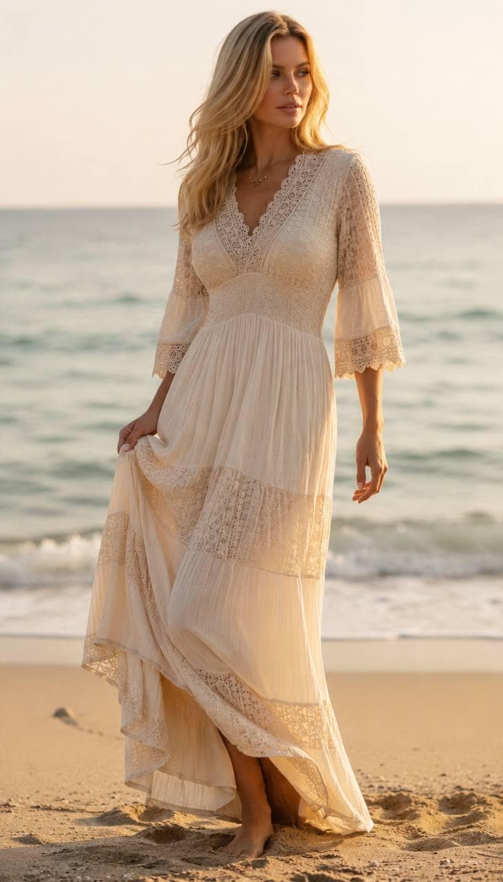 Beige Boho Maxi Dress, Lace Trim Summer Dress, Bohemian Beach Dress, Romantic Long Dress, Beige Vacation Dress, Resort Wear Dress.
