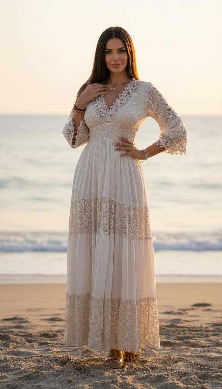 Beige Boho Maxi Dress, Lace Trim Summer Dress, Bohemian Beach Dress, Romantic Long Dress, Beige Vacation Dress, Resort Wear Dress.