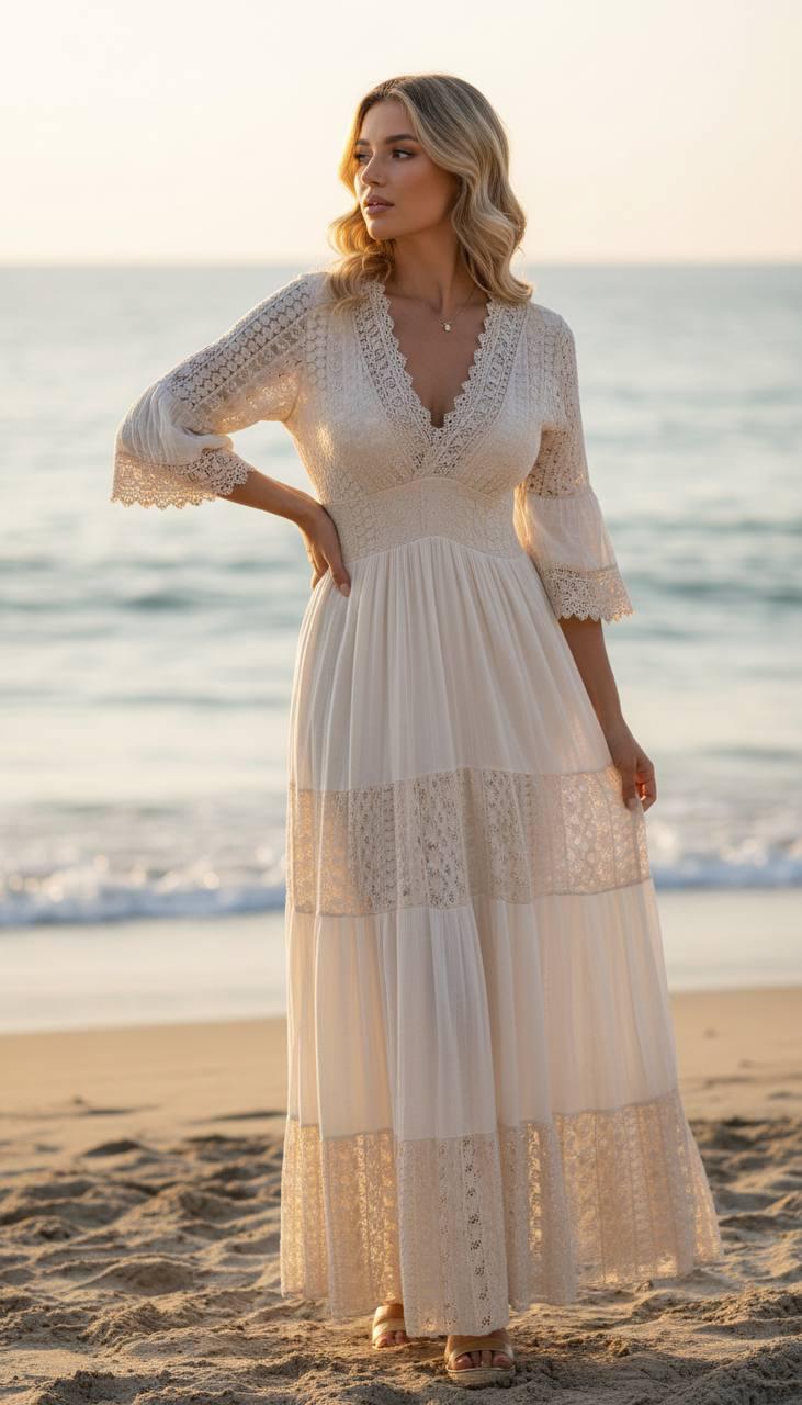 Beige Boho Maxi Dress, Lace Trim Summer Dress, Bohemian Beach Dress, Romantic Long Dress, Beige Vacation Dress, Resort Wear Dress.