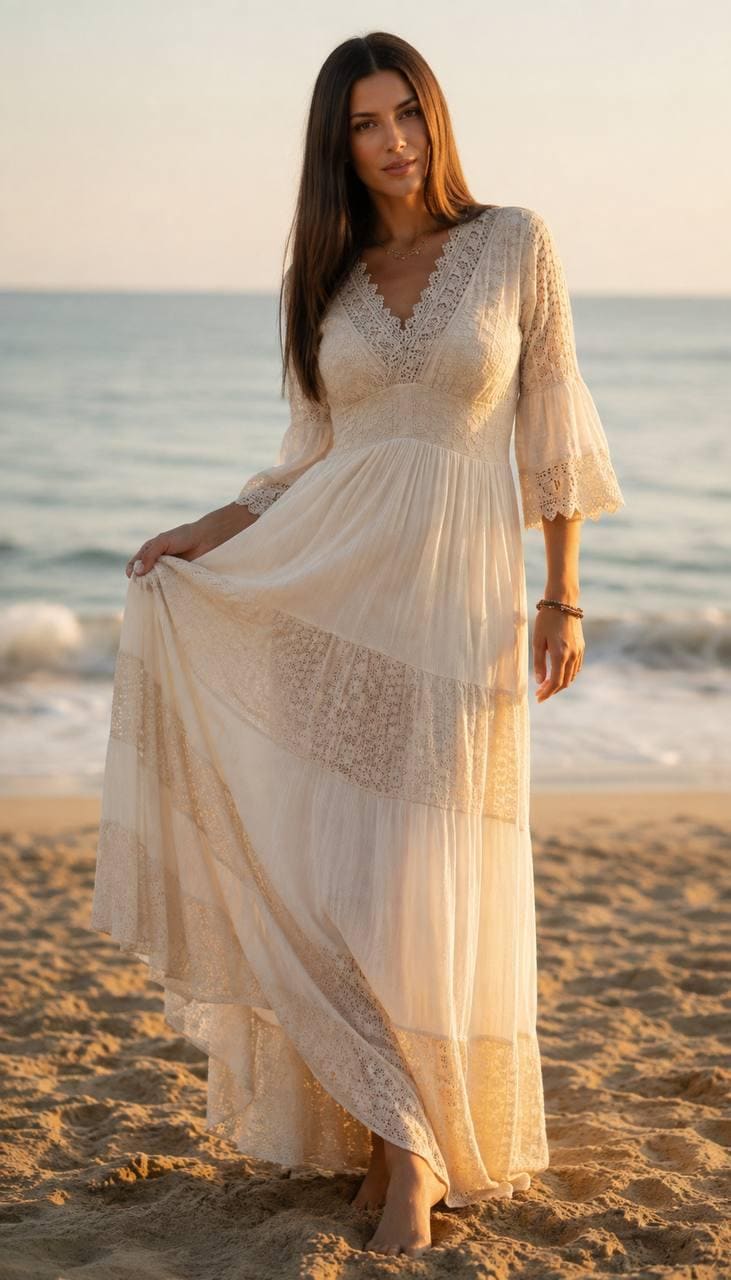 Beige Boho Maxi Dress, Lace Trim Summer Dress, Bohemian Beach Dress, Romantic Long Dress, Beige Vacation Dress, Resort Wear Dress.