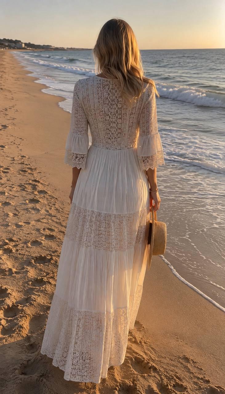 Beige Boho Maxi Dress, Lace Trim Summer Dress, Bohemian Beach Dress, Romantic Long Dress, Beige Vacation Dress, Resort Wear Dress.