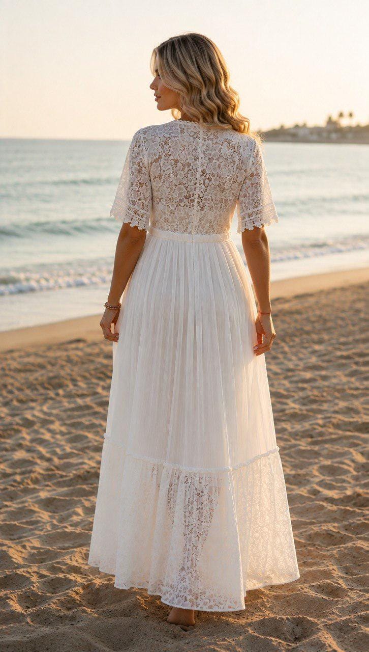 Beige Lace Bohemian Maxi Dress | V Neck Flowy Summer Dress | Rustic Wedding Guest Dress, Bohemian White Dress, Boho Wedding Dress.