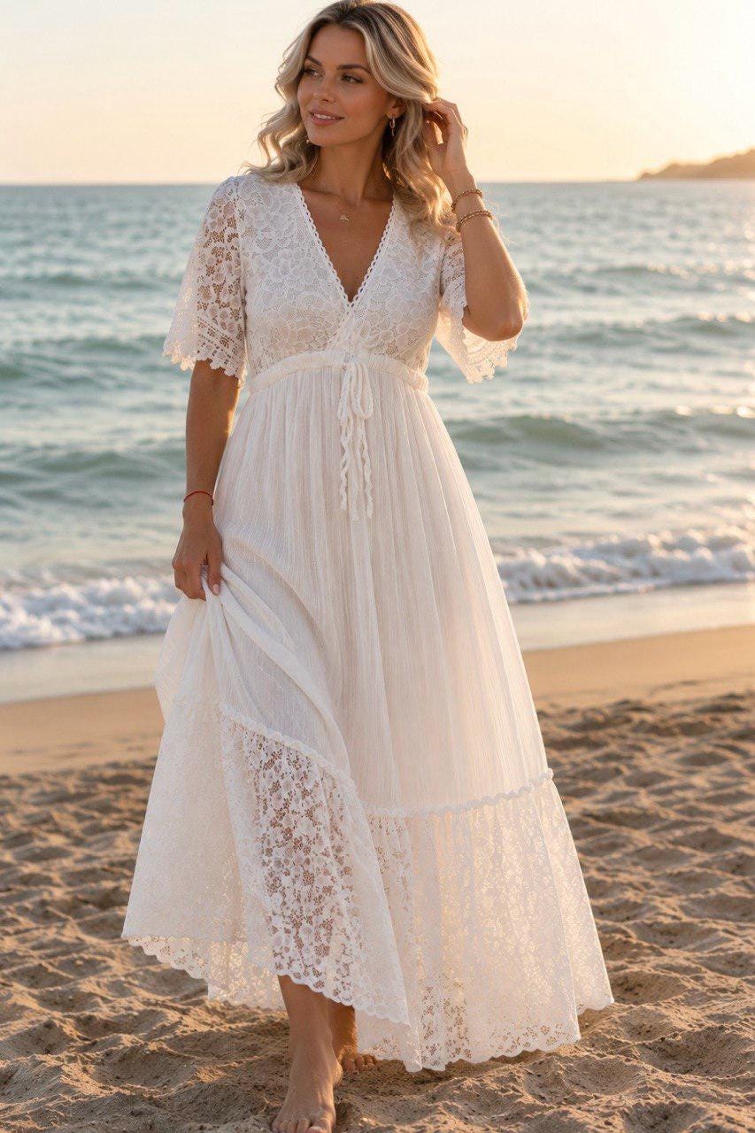 White Lace Bohemian Maxi Dress | V Neck Flowy Summer Dress | Rustic Wedding Guest Dress, Bohemian White Dress, Boho Wedding Dress.