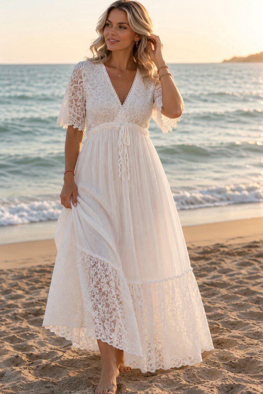 Beige Lace Bohemian Maxi Dress | V Neck Flowy Summer Dress | Rustic Wedding Guest Dress, Bohemian White Dress, Boho Wedding Dress.