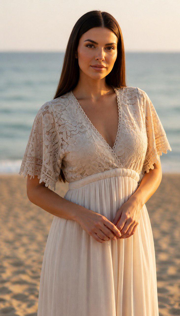 Beige Lace Bohemian Maxi Dress | V Neck Flowy Summer Dress | Rustic Wedding Guest Dress, Bohemian White Dress, Boho Wedding Dress.