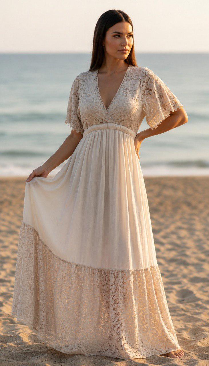 Beige Lace Bohemian Maxi Dress | V Neck Flowy Summer Dress | Rustic Wedding Guest Dress, Bohemian White Dress, Boho Wedding Dress.