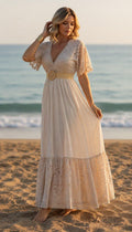 Beige Lace Bohemian Maxi Dress | V Neck Flowy Summer Dress | Rustic Wedding Guest Dress, Bohemian White Dress, Boho Wedding Dress.