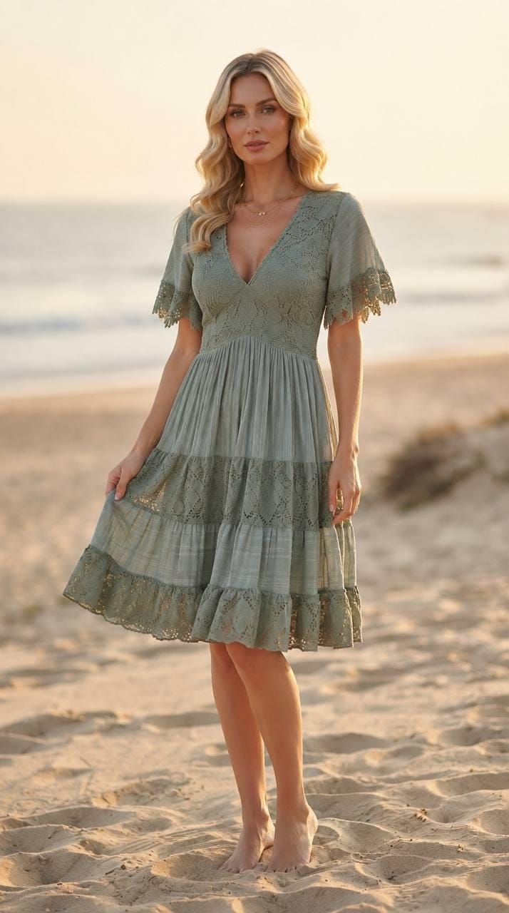 Sage Green Boho Lace Dress, Short Summer Dress, V Neck Mini Dress, Romantic Beach Dress, Cottagecore Dress, Flutter Sleeve Dress, Boho Dress