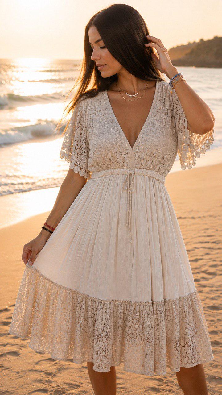 Black Boho Mini Dress, Lace V Neck Summer Dress, Romantic Bohemian Party Dress, Flowy Vacation Dress, Wedding Guest Outfit.