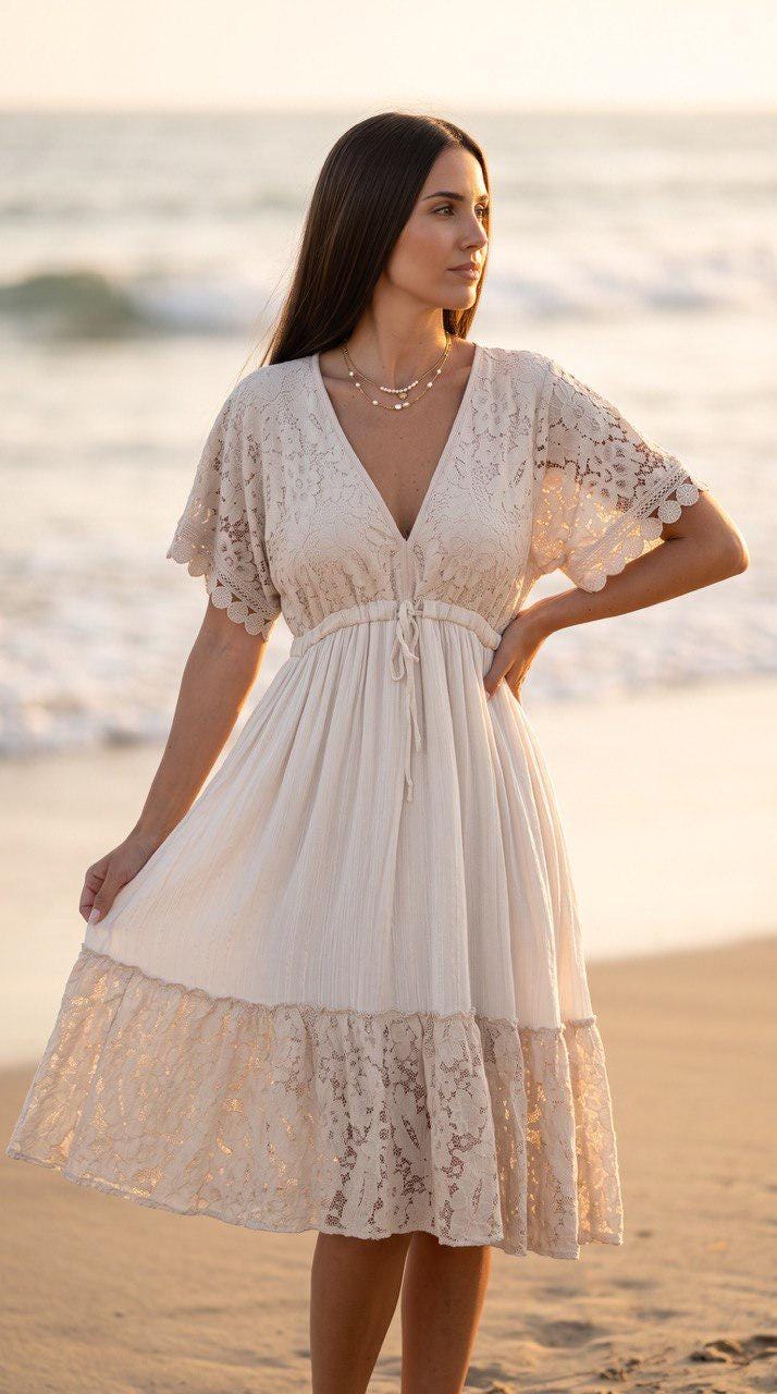 Boho Lace Midi Dress, Beige Summer Dress, Romantic V Neck Dress, Beach Vacation Dress, Bohemian Maxi Dress, Wedding Guest Dress, Boho Dress.