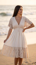 Boho Lace Midi Dress, Beige Summer Dress, Romantic V Neck Dress, Beach Vacation Dress, Bohemian Maxi Dress, Wedding Guest Dress, Boho Dress.