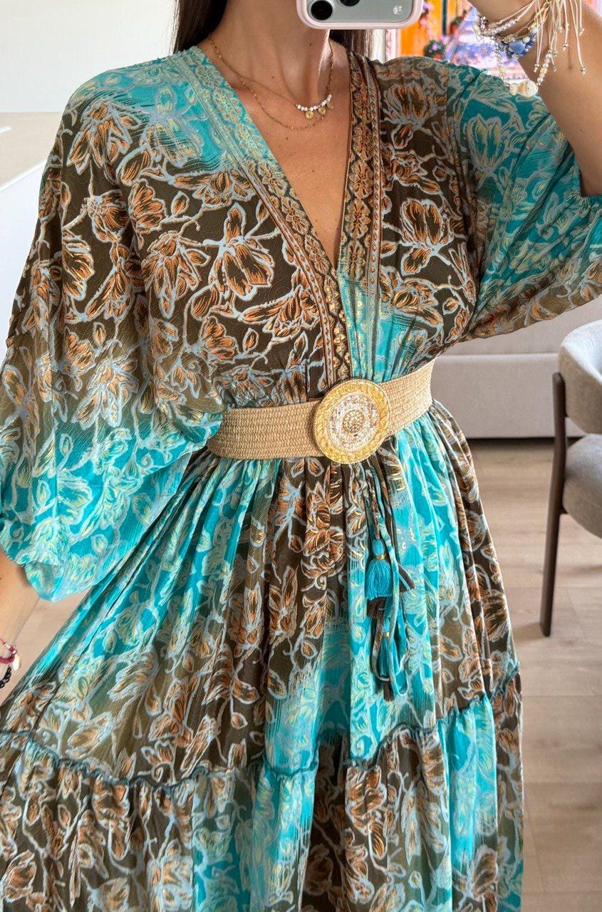 Boho Silk Maxi Dress, Teal Green Floral Dress, Bohemian Summer Dress, V Neck Long Dress, Romantic Beach Dress, Flowy Goddess Dress.
