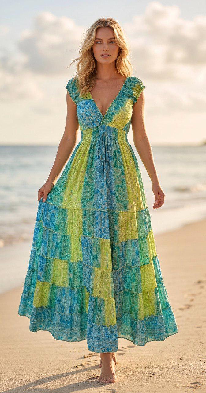 Boho Maxi Dress, Turquoise Blue Green Dress, Floral Paisley Summer Dress, Beach Dress, Flowy Bohemian Dress, Vacation Dress, Silk Boho Dress