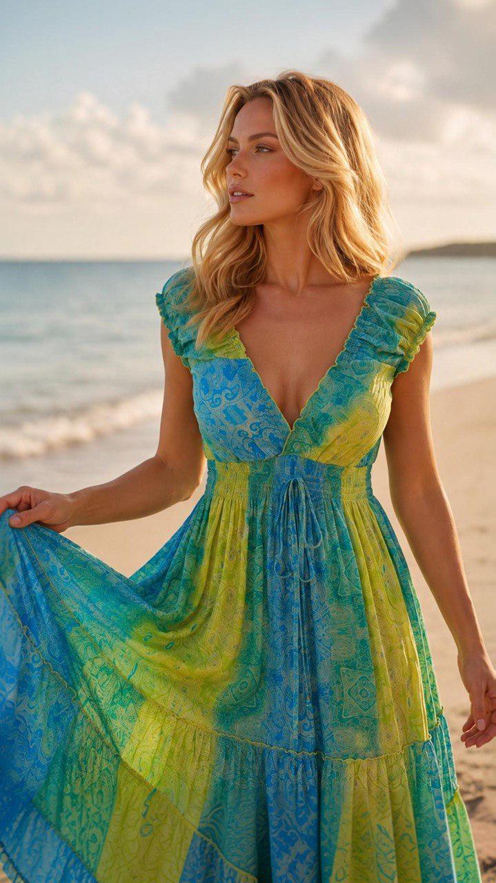 Boho Maxi Dress, Turquoise Blue Green Dress, Floral Paisley Summer Dress, Beach Dress, Flowy Bohemian Dress, Vacation Dress, Silk Boho Dress