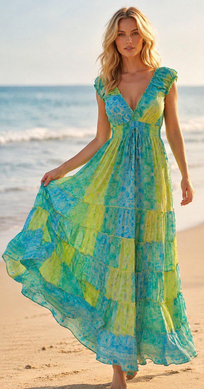 Boho Maxi Dress, Turquoise Blue Green Dress, Floral Paisley Summer Dress, Beach Dress, Flowy Bohemian Dress, Vacation Dress, Silk Boho Dress