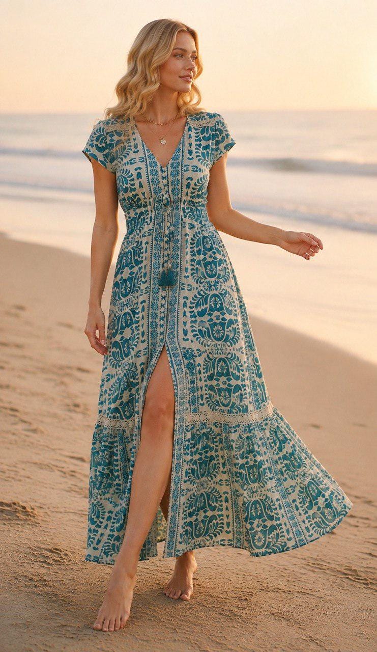 Boho Maxi Dress, Black Beige Floral Dress, Paisley Print Dress, Bohemian Summer Dress, Flowy Beach Dress, Vacation Dress, Resort Wear, Silk.