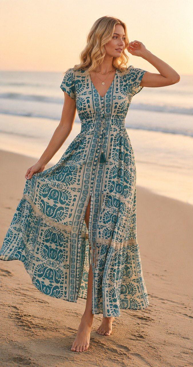 Boho Maxi Dress, Blue White Summer Dress, Paisley Print Dress, Beach Dress, Flowy Bohemian Dress, Vacation Dress, Resort Wear, Boho Dress.