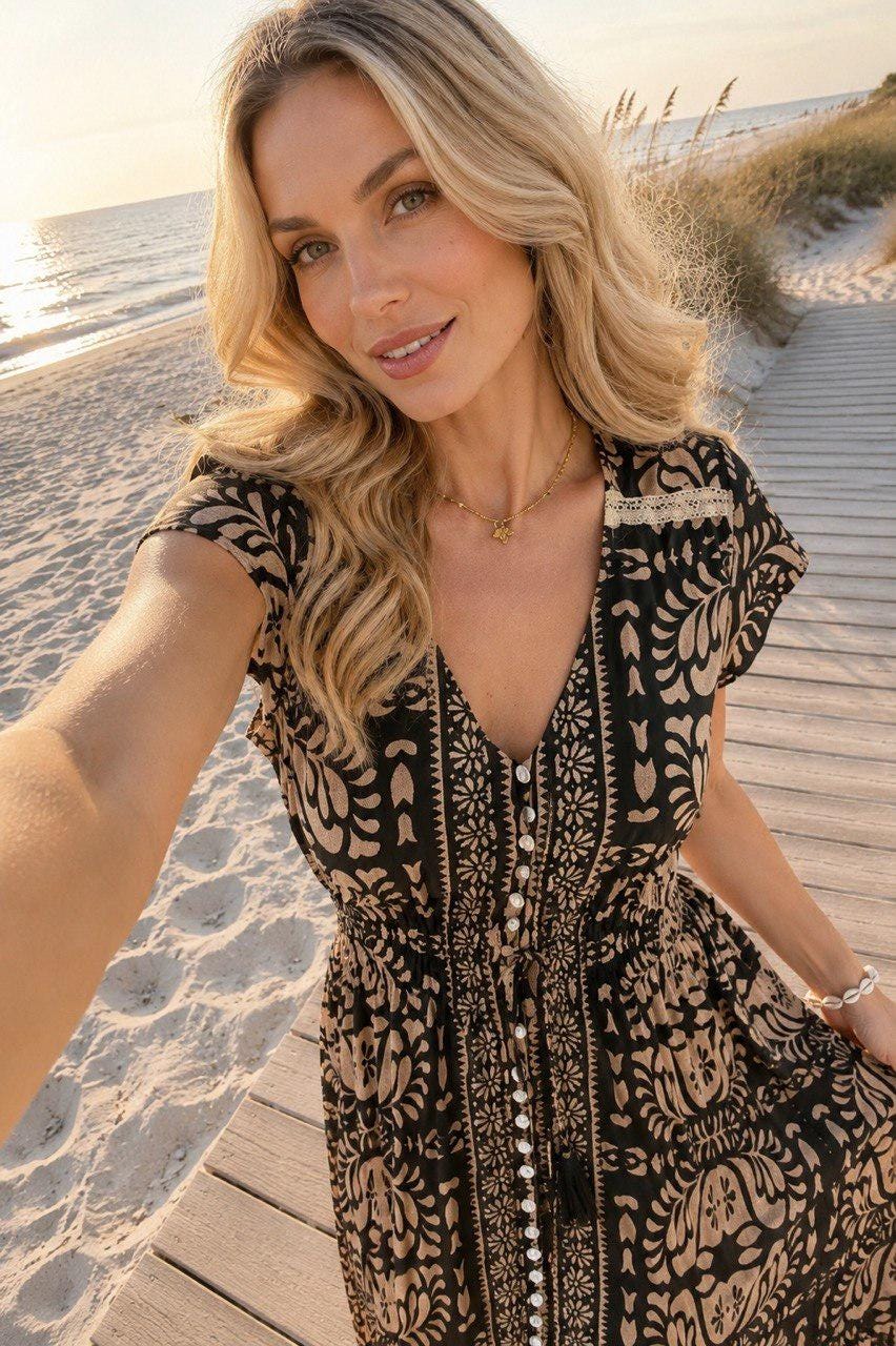 Boho Maxi Dress, Black Beige Floral Dress, Paisley Print Dress, Bohemian Summer Dress, Flowy Beach Dress, Vacation Dress, Resort Wear, Silk.