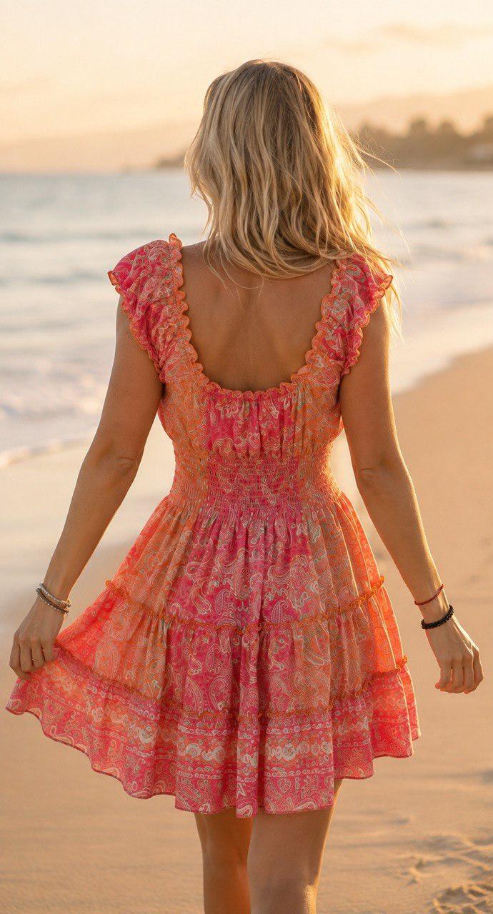 Boho Mini Dress, Brown Paisley Print Dress, V Neck Ruffle Dress, Summer Beach Dress, Festival Dress, Bohemian Party Dress, Mini Boho Dress.