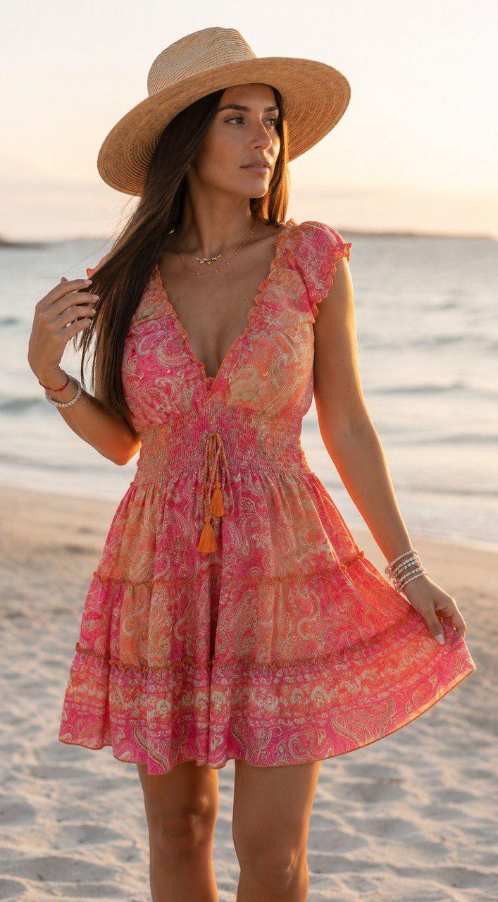 Boho Mini Dress, Brown Paisley Print Dress, V Neck Ruffle Dress, Summer Beach Dress, Festival Dress, Bohemian Party Dress, Mini Boho Dress.