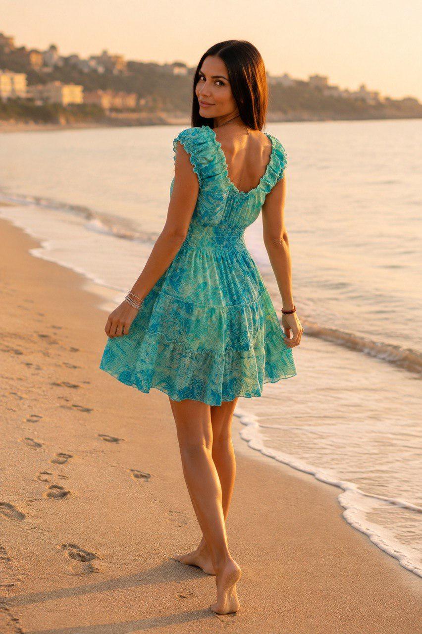 Boho Mini Dress, Brown Paisley Print Dress, V Neck Ruffle Dress, Summer Beach Dress, Festival Dress, Bohemian Party Dress, Mini Boho Dress.