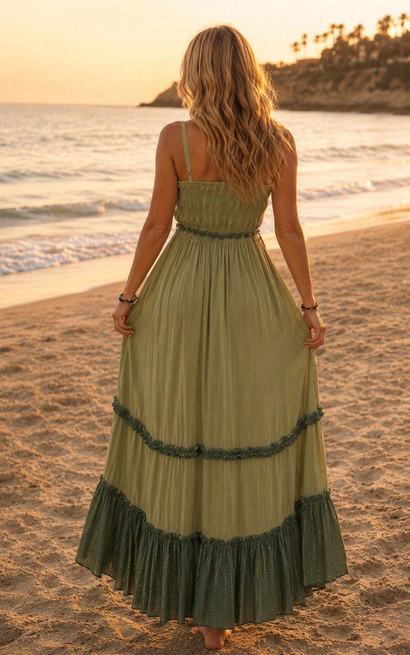 Boho Maxi Dress, Olive Green Embroidered Dress, Bohemian Summer Dress, Beach Dress, Festival Dress, Flowy Maxi Dress, Goddess Dress.