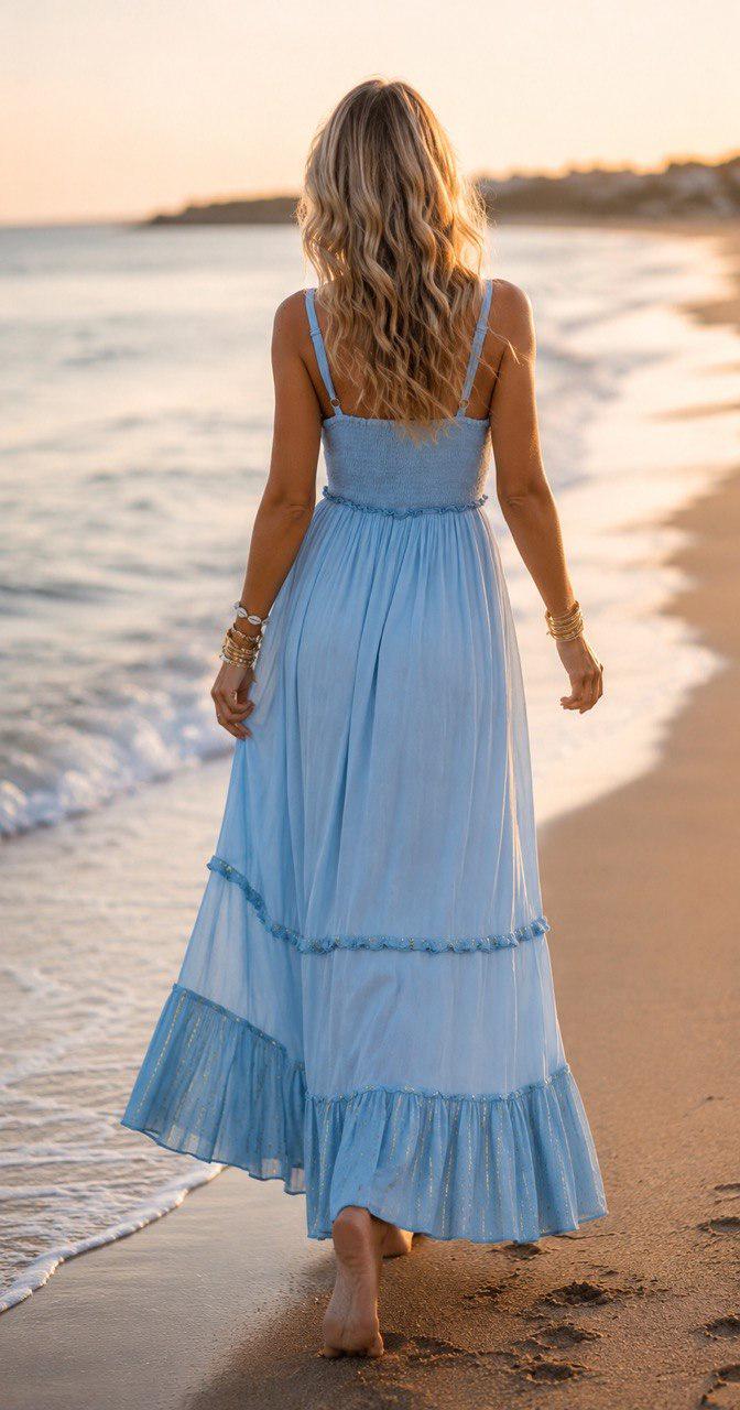 Boho Maxi Dress, Light Blue Embroidered Dress, Bohemian Beach Dress, Summer Sundress, Spaghetti Strap Dress, Festival Dress.