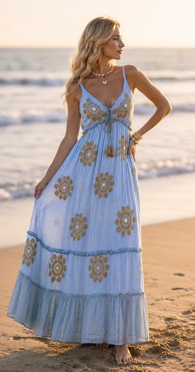 Boho Maxi Dress, Beige Embroidered Dress, Bohemian Beach Dress, Flowy Summer Dress, Spaghetti Strap Dress, Resort Wear.