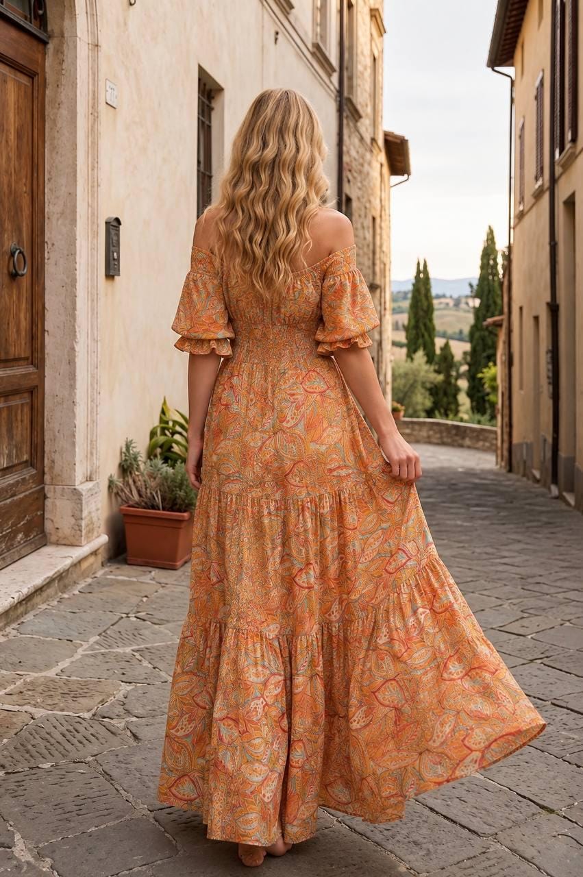 Paisley Boho Maxi Dress, off Shoulder Summer Dress, Flowy Bohemian Dress, Beach Vacation Dress, Romantic Resort Wear.