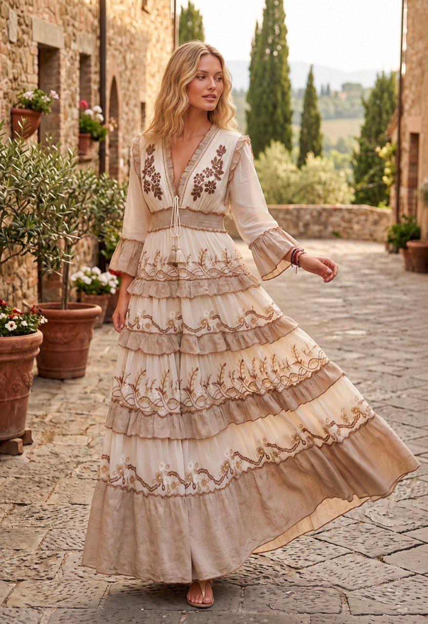 Boho Maxi Dress, Embroidered Tiered Dress, Romantic Cottagecore Dress, Vintage Inspired Summer Dress, Flowy Wedding Guest Dress, Formal Dres