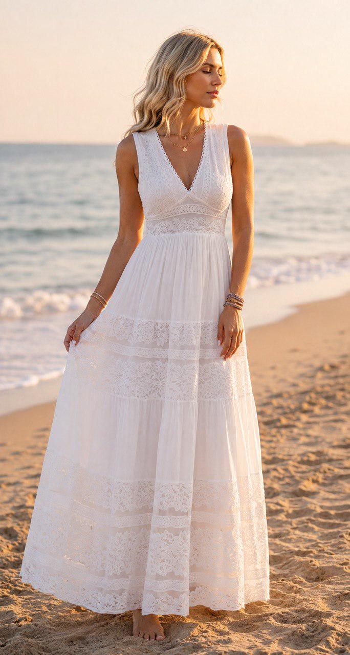 White Boho Maxi Dress, Lace Beach Dress, Romantic Summer Dress, V Neck Cotton Dress, Bohemian Wedding Guest Dress, Boho Wedding Dress.