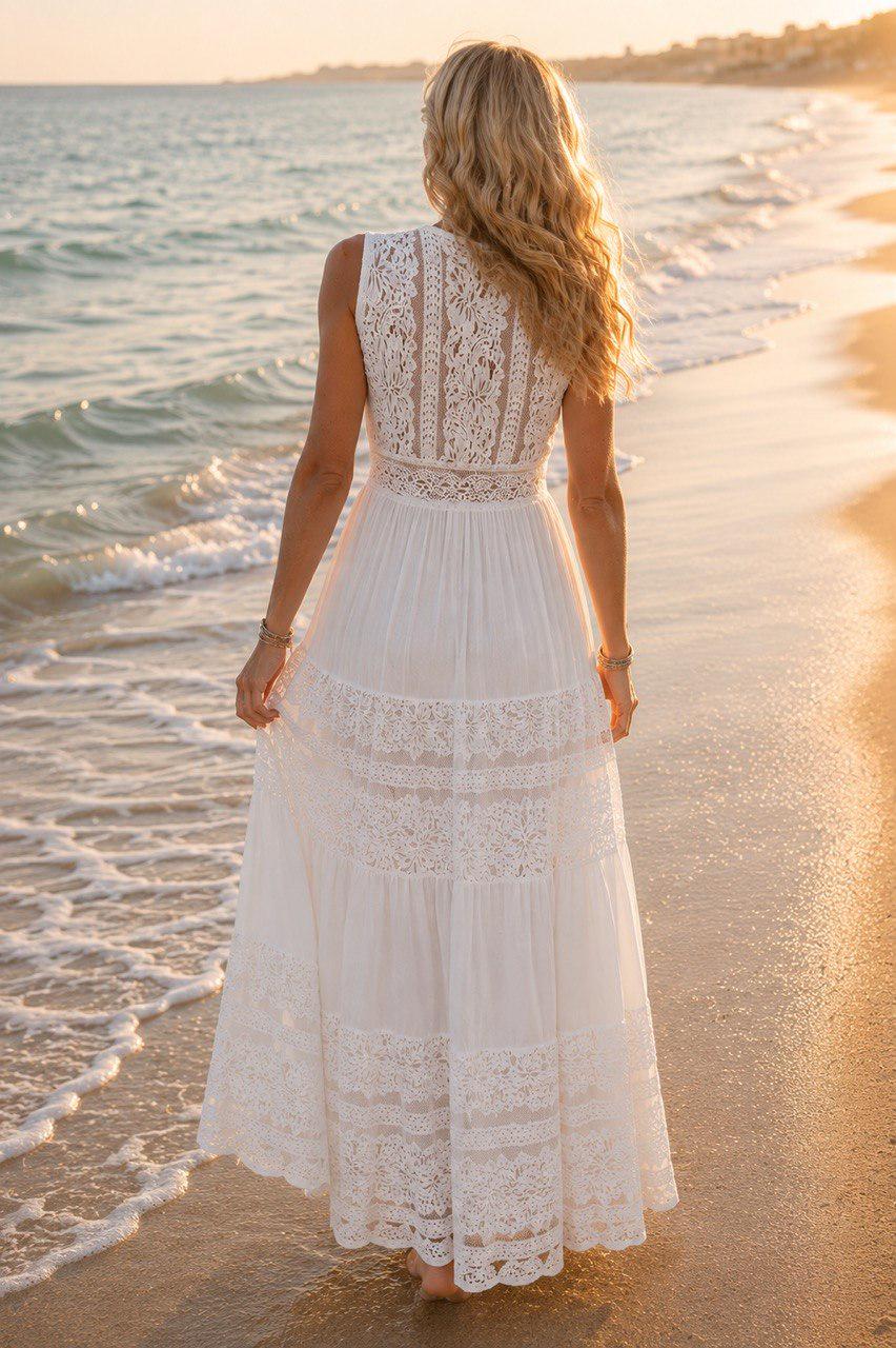 White Boho Maxi Dress, Lace Beach Dress, Romantic Summer Dress, V Neck Cotton Dress, Bohemian Wedding Guest Dress, Boho Wedding Dress.