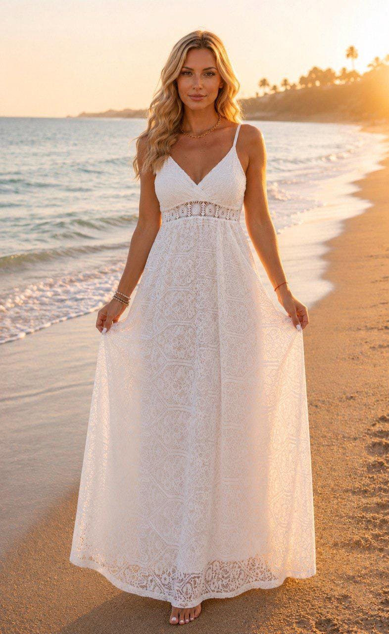 White Lace Maxi Dress, Boho Wedding Guest Dress, Spaghetti Strap Summer Dress, Beach Wedding Dress, Bohemian Bridal Shower Dress, Boho Dress