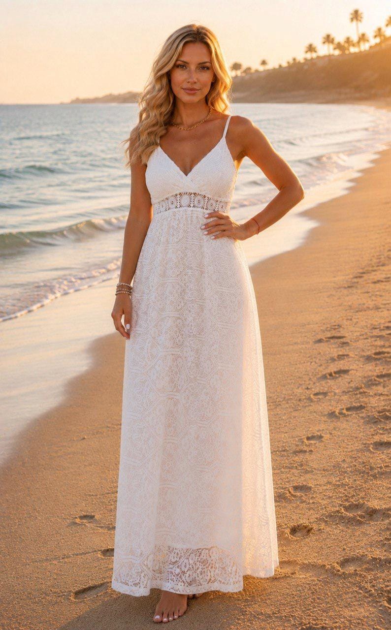 White Lace Maxi Dress, Boho Wedding Guest Dress, Spaghetti Strap Summer Dress, Beach Wedding Dress, Bohemian Bridal Shower Dress, Boho Dress